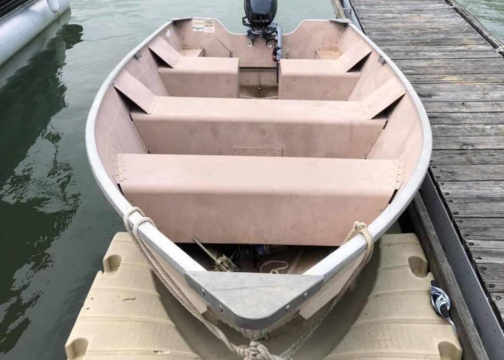 Front view of a fishing boat rental from Atwood Lake Boats