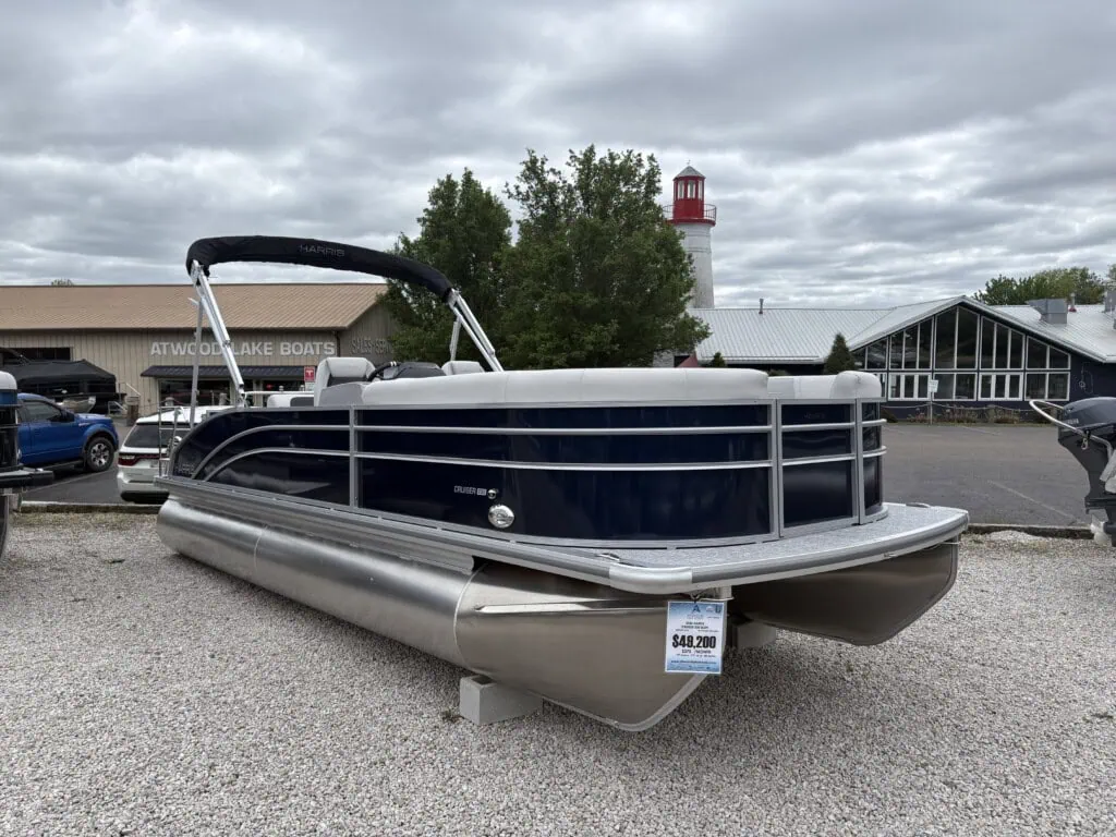 Blue Harris pontoon boat outside lakeside dealership