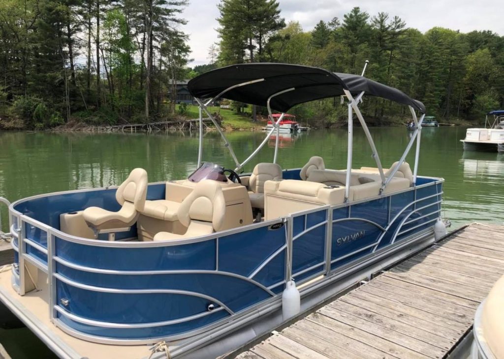 Side view of a fishing pontoon at Atwood Lake Boats