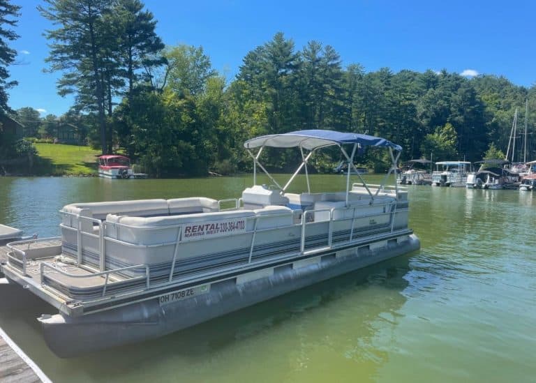 Side view of Atwood Lake Boats value 18 passenger pontoon rental