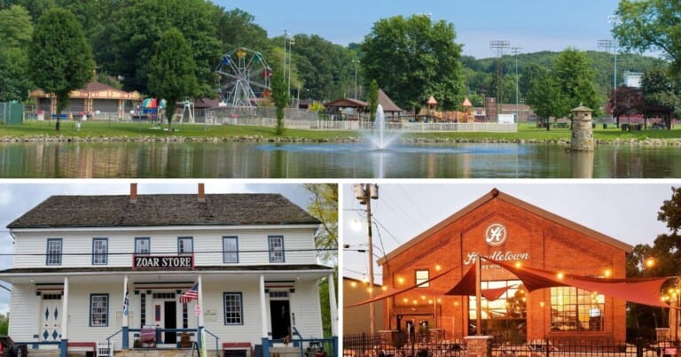 Three image grid showing an image of Tuscora Park, Zoar Store, and Hoodletown Brewery