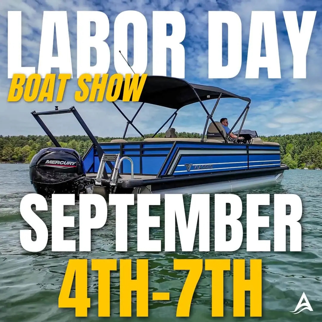 Blue pontoon boat advertised for Labor Day boat show