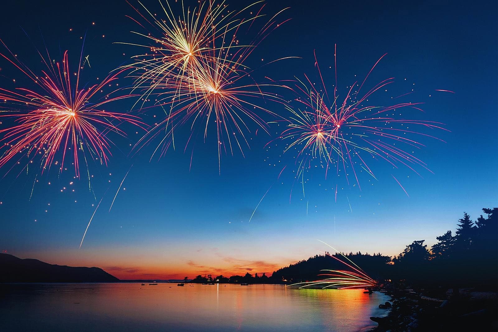 Fireworks over lake at sunset with silhouetted trees