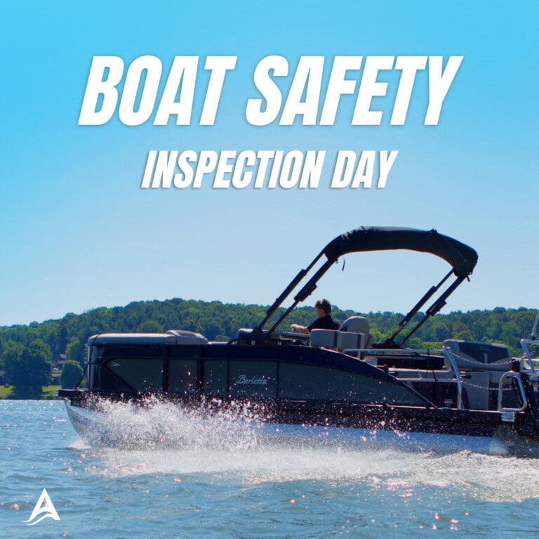 Pontoon boat on lake during safety inspection day