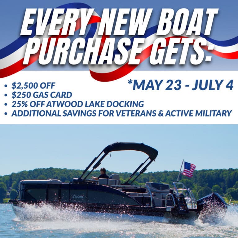 Pontoon boat promotion with patriotic sales offer details