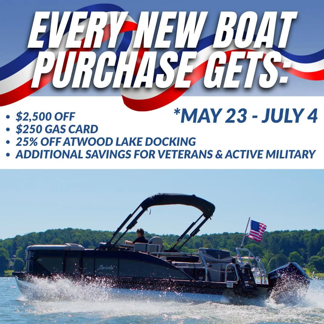 Pontoon boat promotion with patriotic sales offer details
