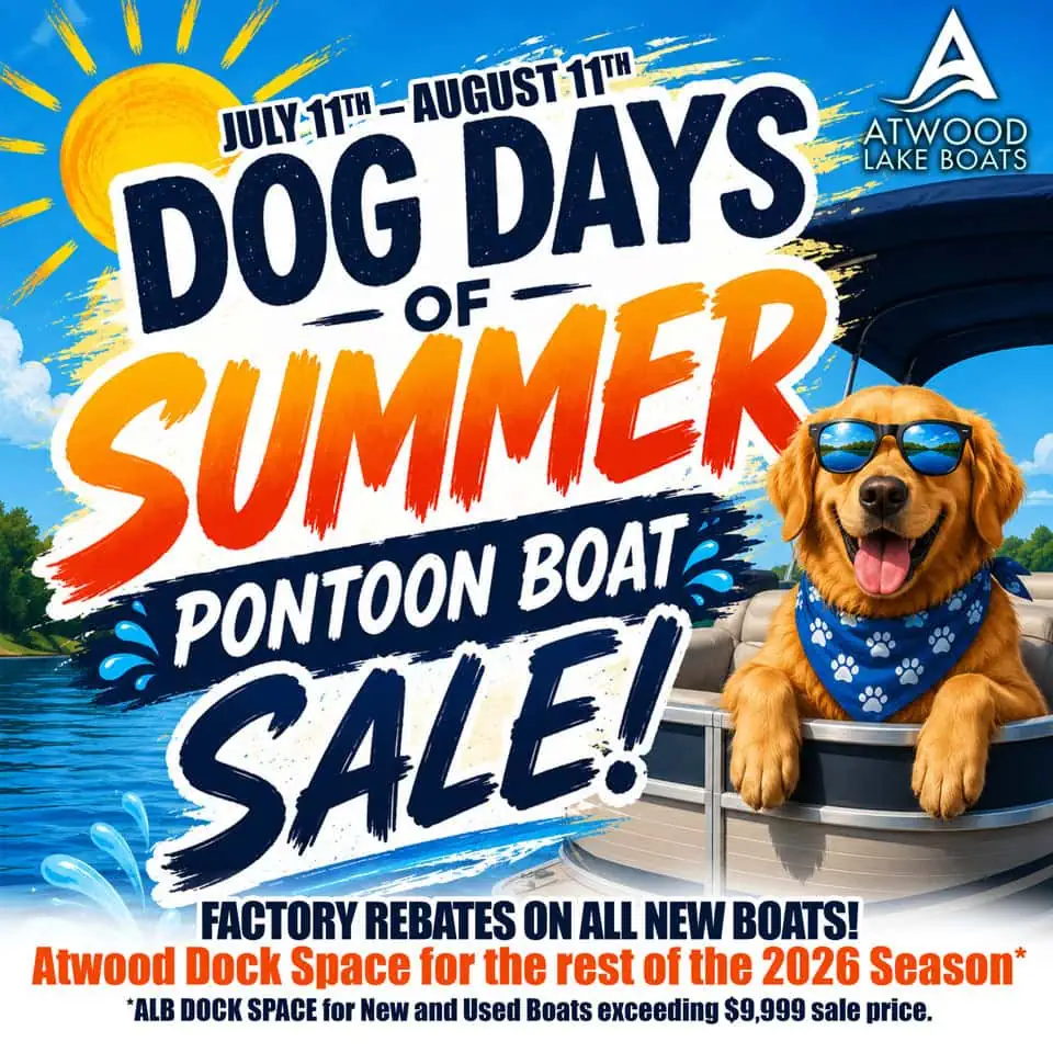 Golden retriever on pontoon boat summer sale ad