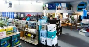Atwood Lake Boats ship store with coolers, fishing gear, and other boating accessories.