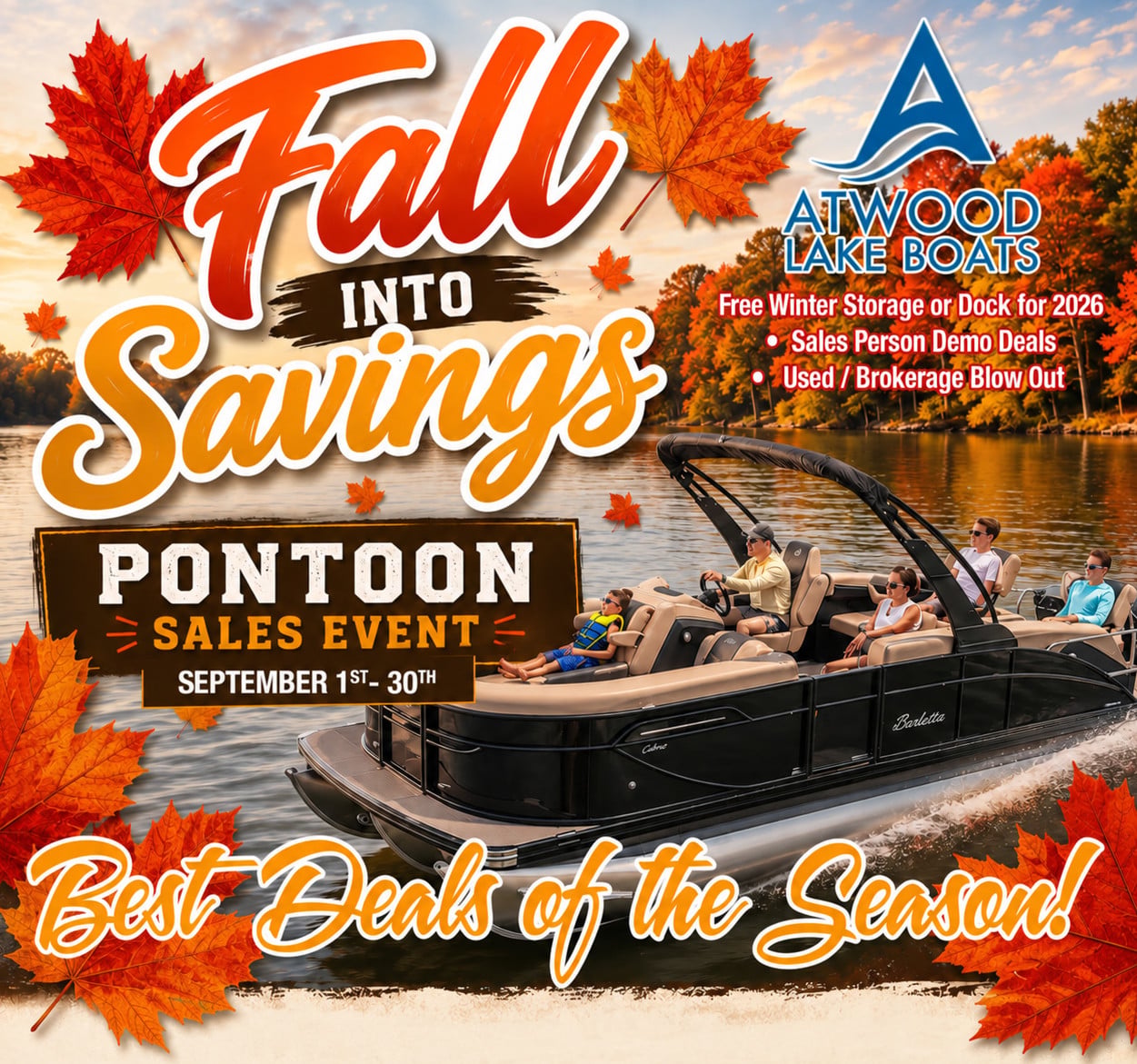Fall pontoon boat sales event advertisement on a lake