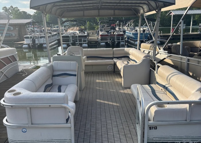 Pontoon boat interior docked at marina