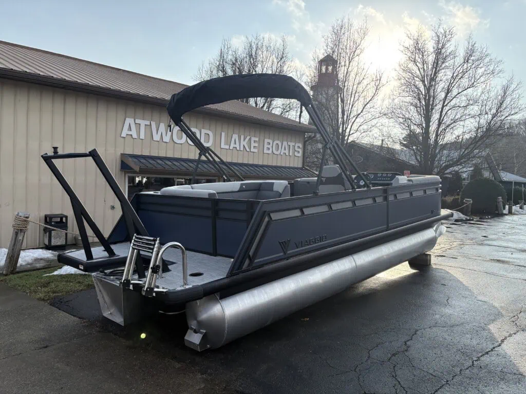 Pontoon boat at Atwood Lake Boats dealership