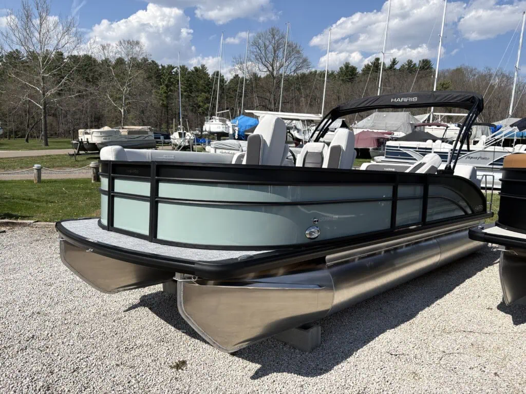 Harris pontoon boat on display at marina