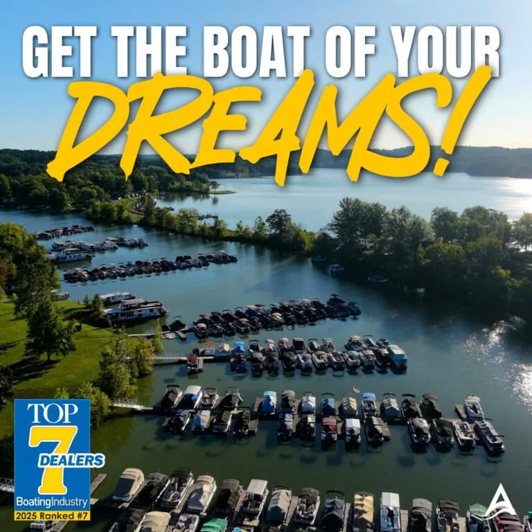 Aerial marina advertisement reading “Get the Boat of Your Dreams!”