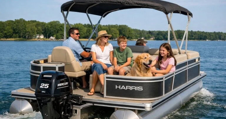 A family of four sits together on a pontoon boat cruising across a calm lake on a sunny day. An adult steers the boat while the others relax on cushioned seats, accompanied by a golden retriever sitting happily at the front. Trees and lakeside homes are visible in the background, creating a peaceful recreational setting.