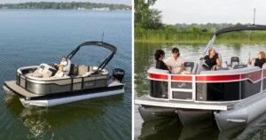 A pontoon and a tritoon cruising on a calm lake