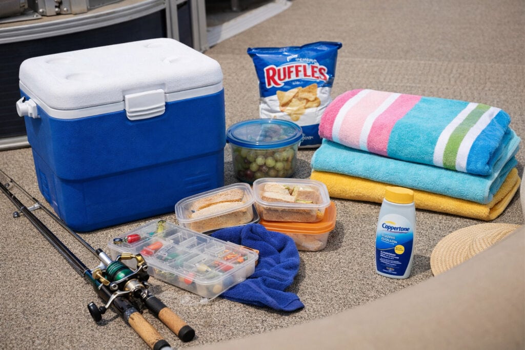 Fishing and picnic supplies on floor