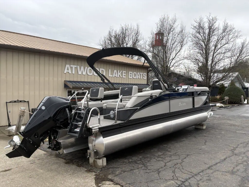 New pontoon boat on showroom lot
