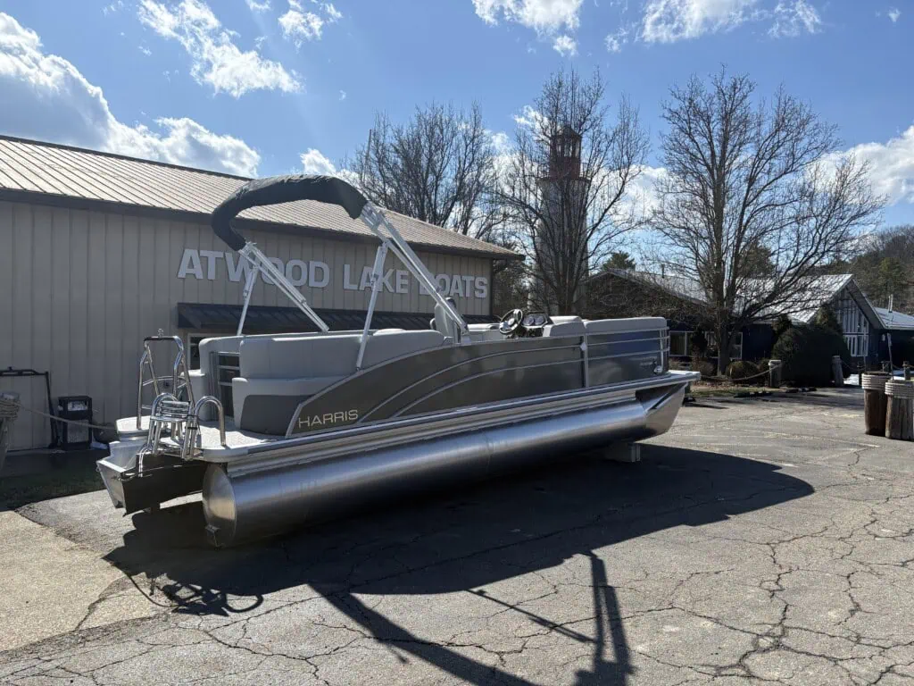 Harris pontoon boat at Atwood Lake Boats shop.