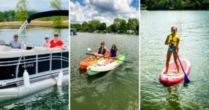 People enjoying boating, kayaking, and paddleboarding on lake